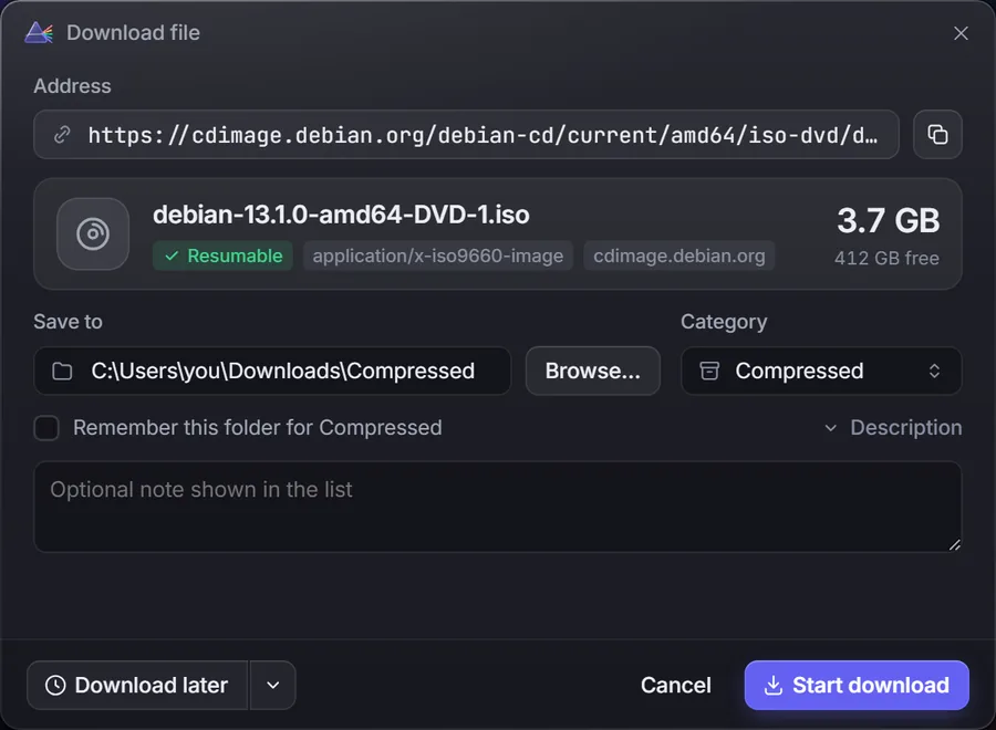 Prism's Download File window for debian-13.1.0-amd64-DVD-1.iso: 3.7 GB, resumable, save folder and category.