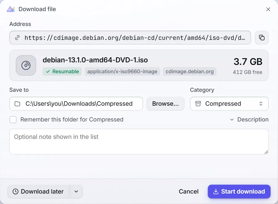 Prism's Download File window in the light theme.