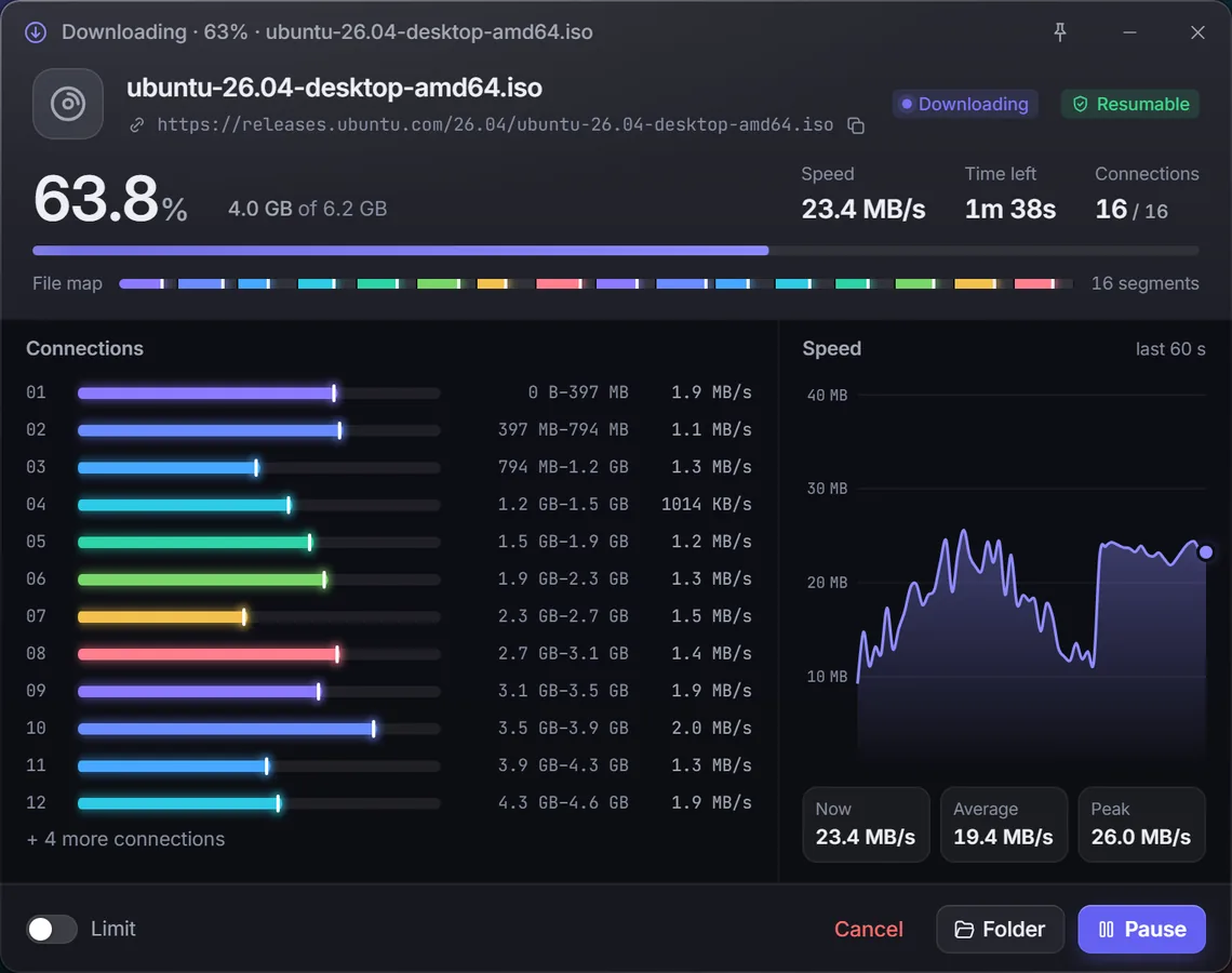 Download details: 16 live connections, a file map and a speed graph.