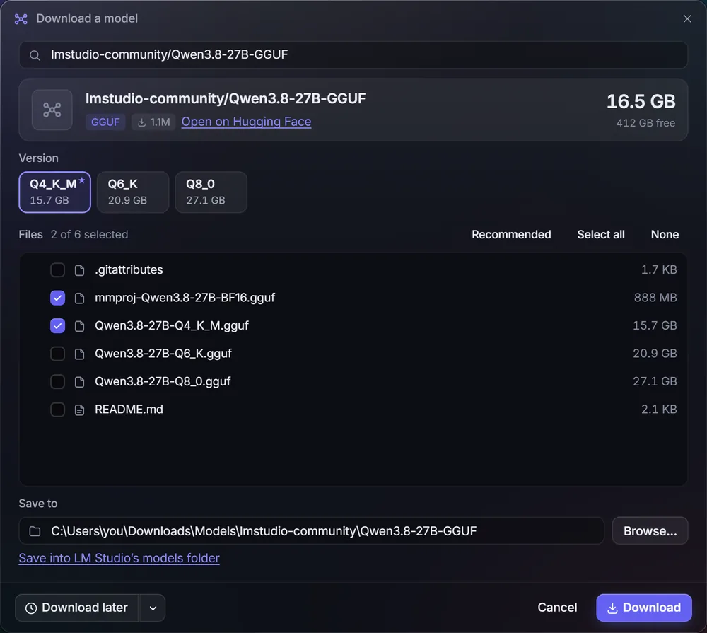 Download a model window for lmstudio-community/Qwen3.8-27B-GGUF: versions Q4_K_M, Q6_K and Q8_0, with the Q4_K_M file and its mmproj file selected.