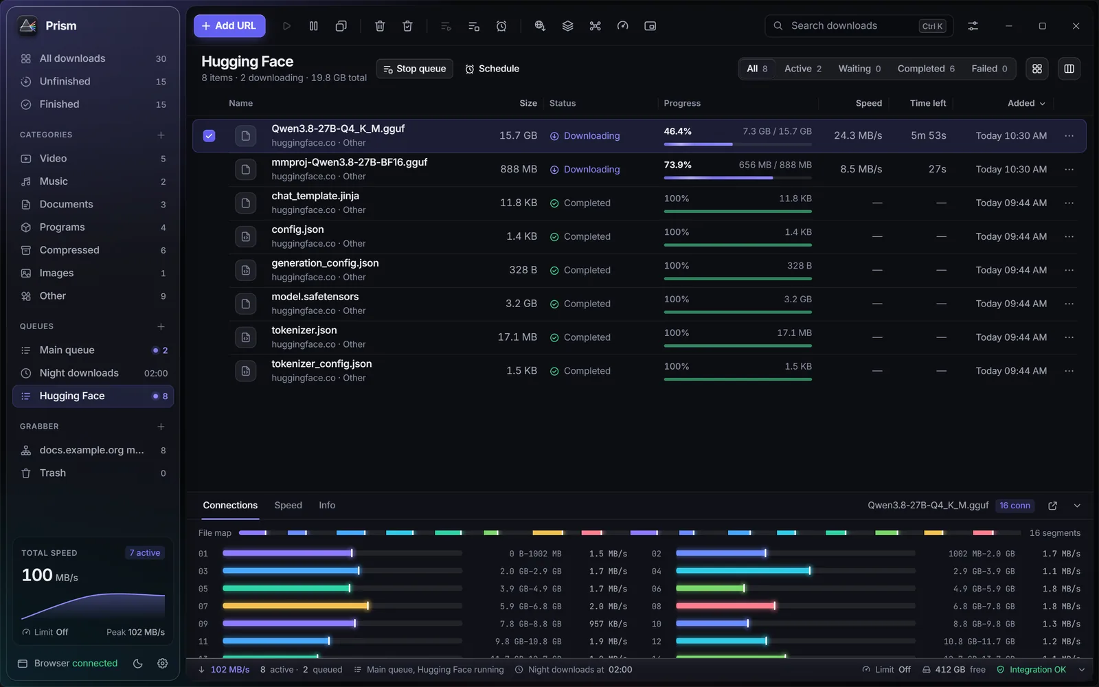 Prism's Hugging Face queue: a 15.7 GB GGUF file downloading over 16 connections at 24 MB/s, with the model's configs, tokenizer and weights already completed.