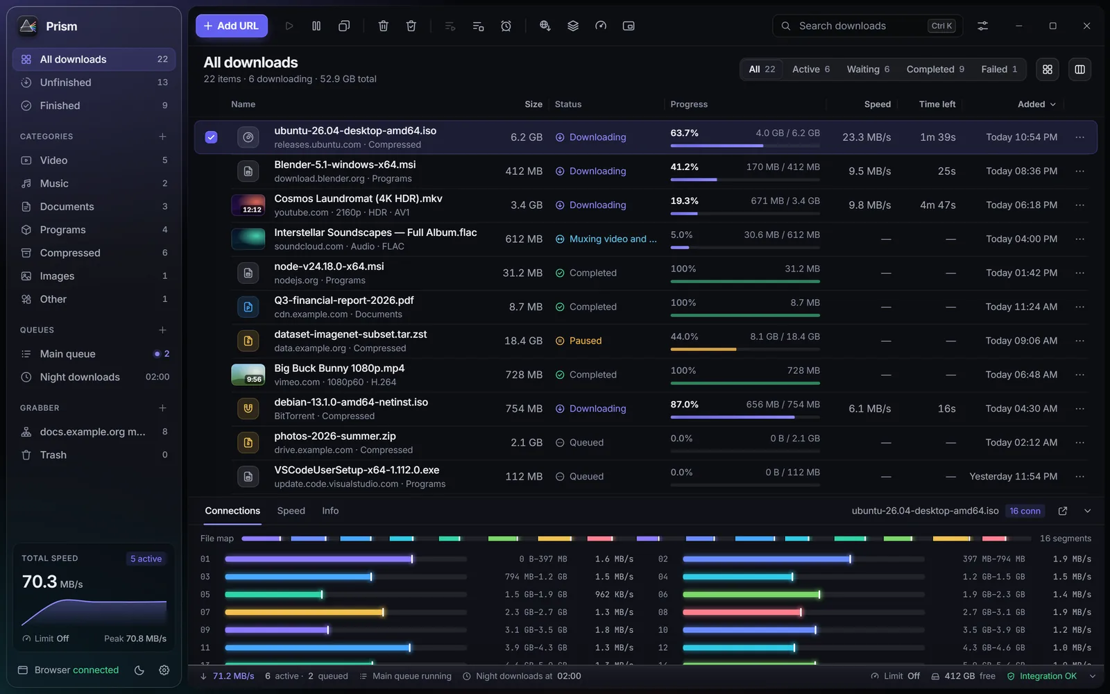 Prism's main window: a list of downloads with live progress and speeds, and a connections pane showing 16 parallel segments for one file.