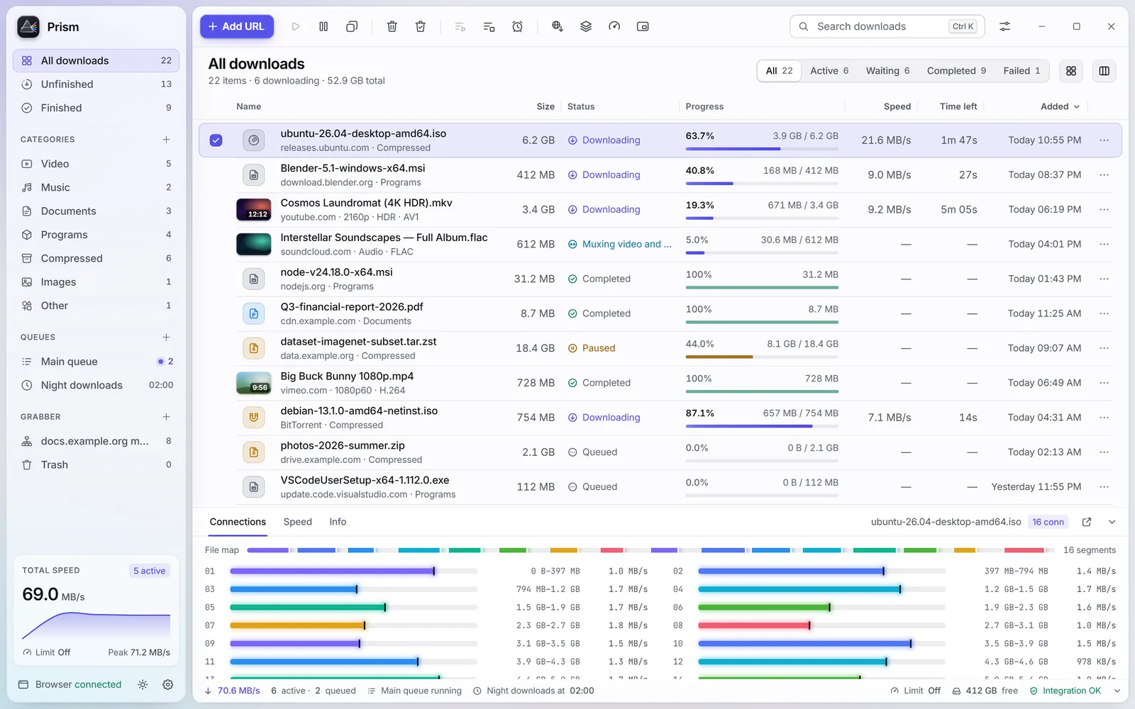 Prism's main window in the light theme: a list of downloads with live progress and a connections pane with 16 segments.