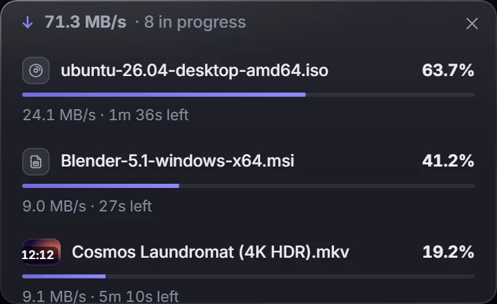 Mini window: total speed and the three active downloads.