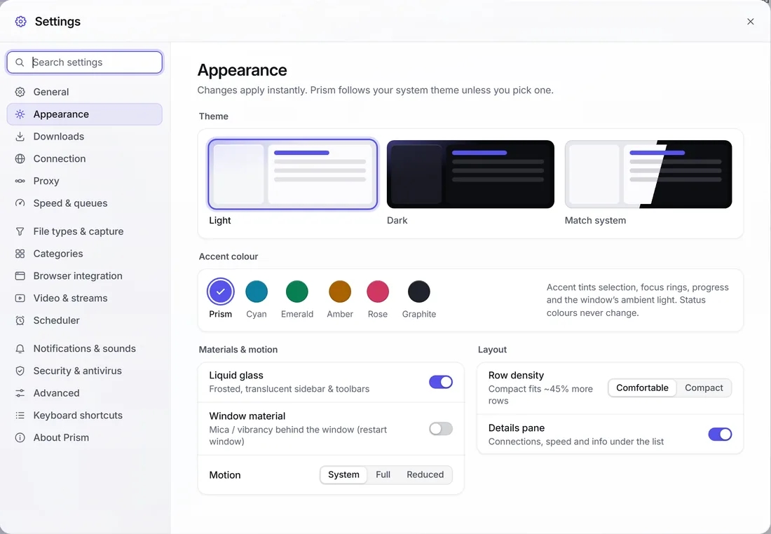 Appearance settings in the light theme.